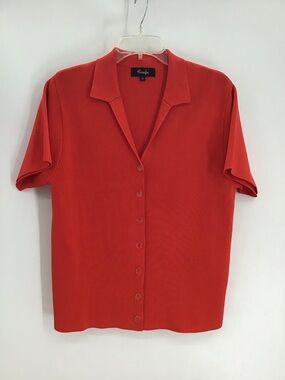 Hanifa Women’s Button-Up Short Sleeve Top Polo Tomato Red Career Size Medium